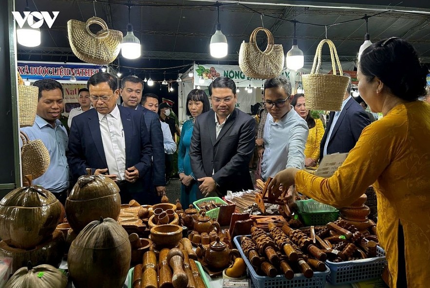 Vietnamese OCOP (One Commune One Product) items on display at a Vietnam - Cambodia border trade fair.