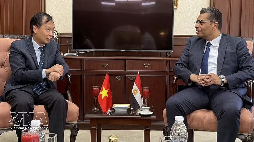 Vietnamese Ambassador to Egypt Nguyen Nam Duong (L) has a working session with Egypt’s Red Sea Governor Walid Al Barqi on July 11. (Photo: VNA)