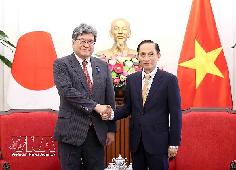 Politburo member and Minister of Foreign Affairs Le Hoai Trung (R) receives Japan's Liberal Democratic Party (LDP) Executive Acting Secretary-General Hagiuda Koichi in Hanoi on July 21. (Photo: VNA)