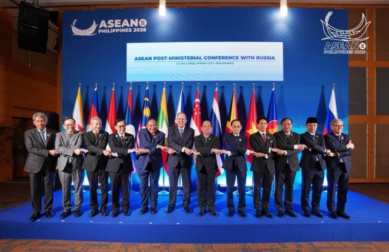 Diplomats pose for a group photo at ASEAN Post-Ministerial Conference with Russia in Manila on July 22, the Philippines.