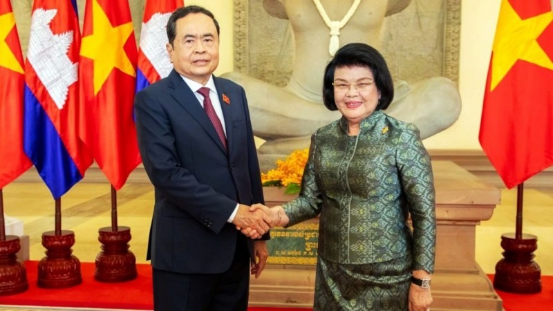 Vietnamese National Assembly Chairman Tran Thanh Man (R) greets Cambodian National Assembly President Samdech Khuon Sudary in Phnom Penh during the former's visit in November 2024. Vietnamese National Assembly Chairman Tran Thanh Man (R) greets Cambodian National Assembly President Samdech Khuon Sudary in Phnom Penh during the former's visit in November 2024.