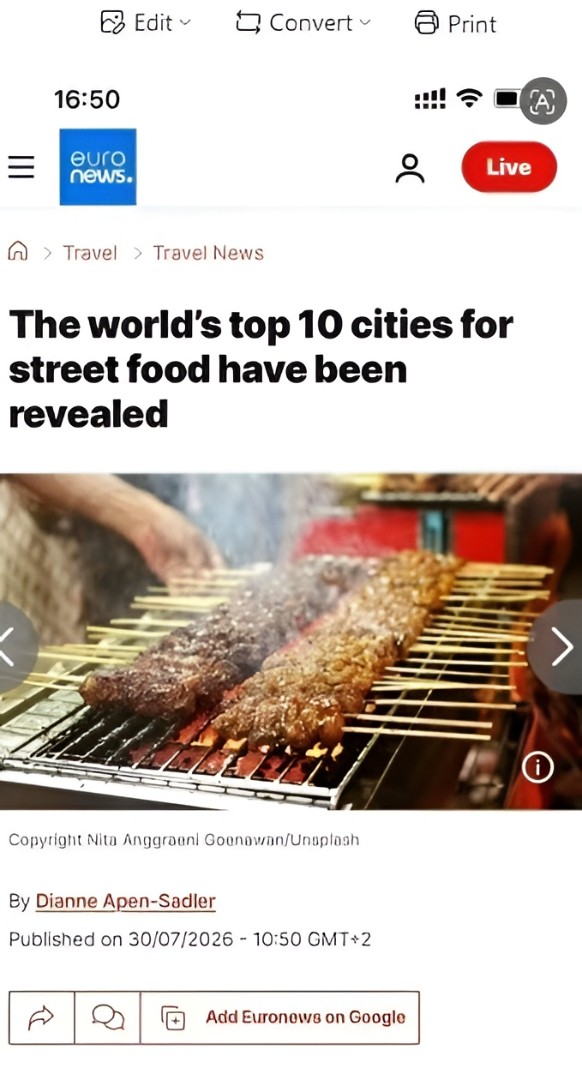 A screenshot of the Euronews article Hanoi Ranked Among World’s Top 10 Best Street Food Cities