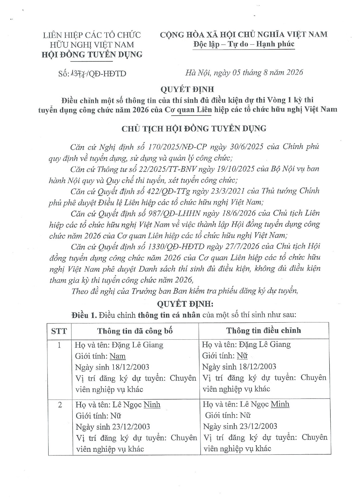 Điều chỉnh thông tin thí sinh dự thi Vòng 1 kỳ thi tuyển dụng công chức năm 2026