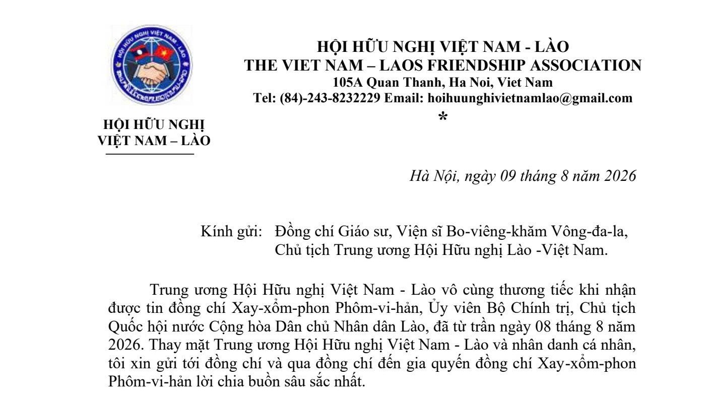 Hội hữu nghị Việt Nam - Lào chia buồn về việc Chủ tịch Quốc hội Lào Saysomphone Phomvihane từ trần
