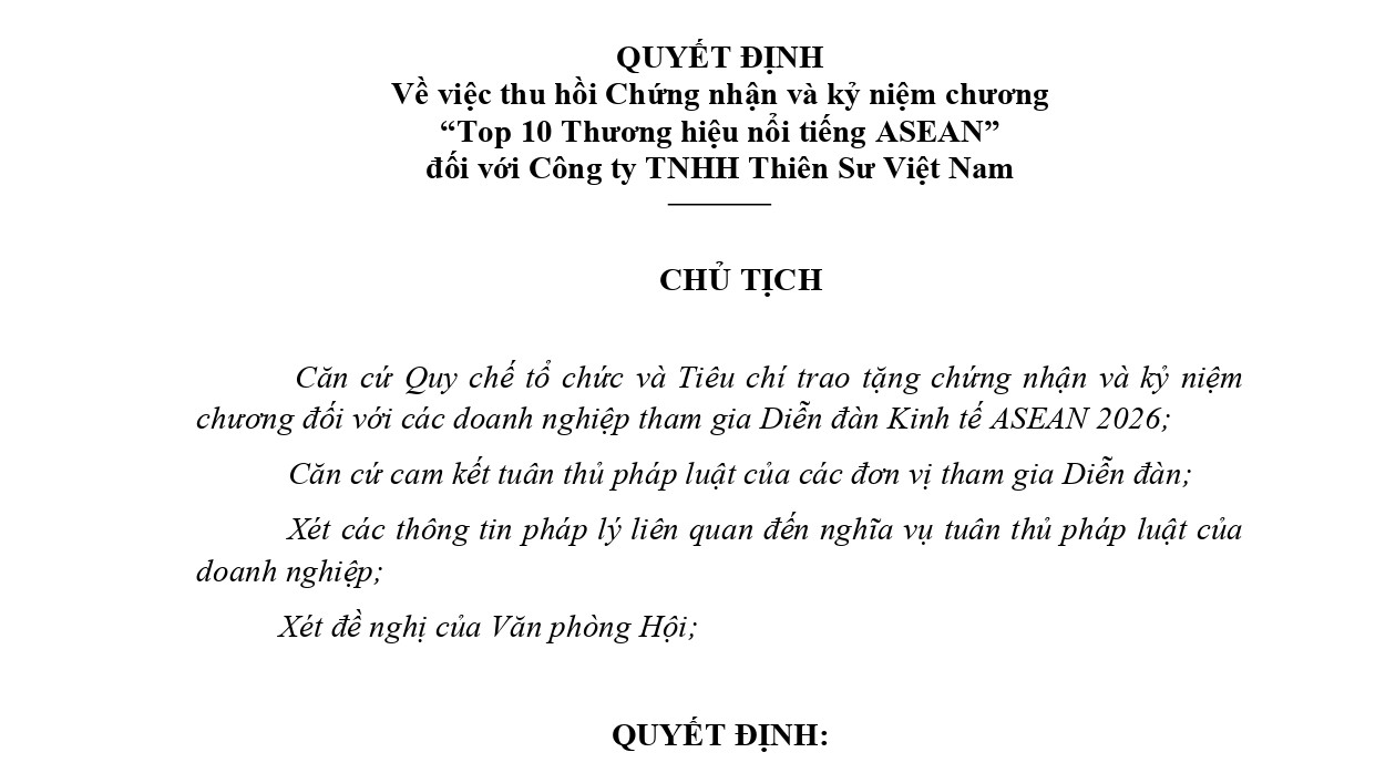 Thu hồi chứng nhận và kỷ niệm chương tham dự Diễn đàn Kinh tế ASEAN 2026 đối với Công ty TNHH Thiên sư Việt Nam