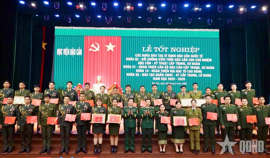 Thủ trưởng Học viện Hậu cần trao bằng tốt nghiệp cho học viên quân sự quốc tế tốt nghiệp năm học 2025-2026. Thủ trưởng Học viện Hậu cần trao bằng tốt nghiệp cho học viên quân sự quốc tế tốt nghiệp năm học 2025-2026.
