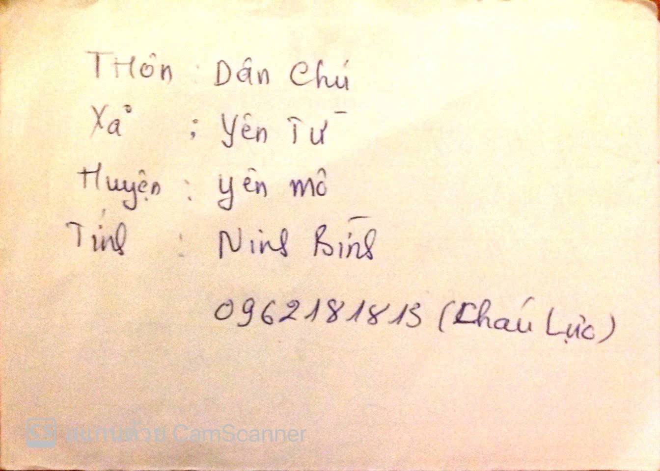Mảnh giấy Thượng nghị sĩ Lae Dilokvidhyarat ghi lại địa chỉ quê cha tại Ninh Bình. (Ảnh: NVCC)