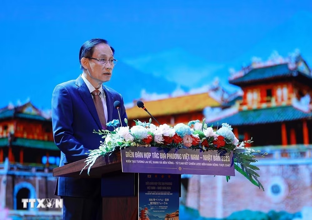 Bộ trưởng Ngoại giao Lê Hoài Trung phát biểu khai mạc Diễn đàn Hợp tác địa phương Việt Nam-Nhật Bản năm 2026. (Ảnh: Dương Giang/TTXVN)