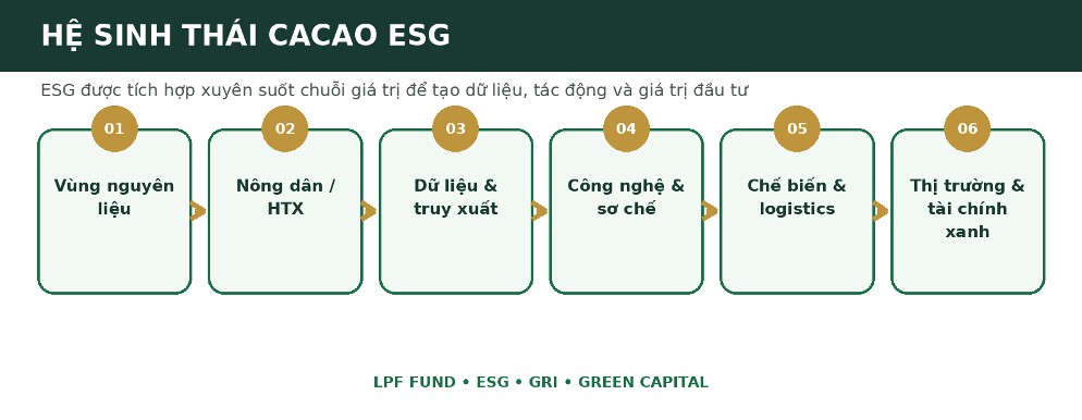 Sơ đồ minh họa hệ sinh thái cacao ESG: từ vùng nguyên liệu, dữ liệu và công nghệ đến chế biến, logistics, thị trường và tài chính xanh. Sơ đồ minh họa hệ sinh thái cacao ESG: từ vùng nguyên liệu, dữ liệu và công nghệ đến chế biến, logistics, thị trường và tài chính xanh.