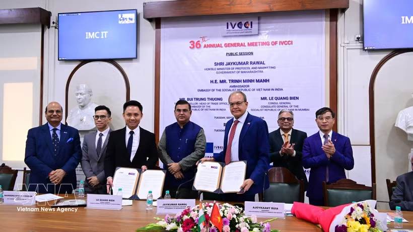 Representatives from Vietnam's VECOM businesses and IVCCI sign an MoU on strengthening business connections, supporting market access, and developing bilateral cooperation activities. (Photo: VNA)