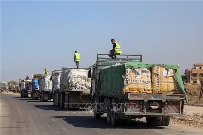 Đoàn xe chở hàng viện trợ tới khu vực Deir al-Balah, Dải Gaza. Ảnh tư liệu: THX/TTXVN