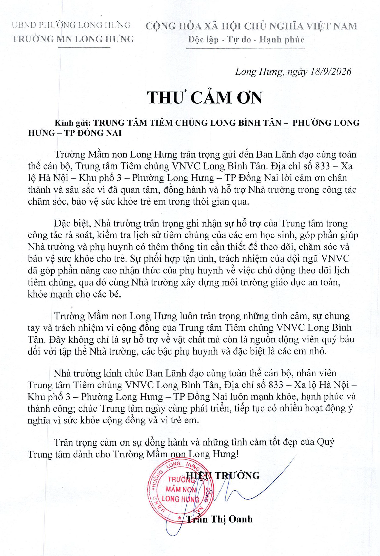 Thư cảm ơn trường mầm non Long Hưng, phường Long Hưng, TP Đồng Nai gửi Trung tâm Tiêm chủng VNVC Long Bình Tân. Ảnh: VNVC 