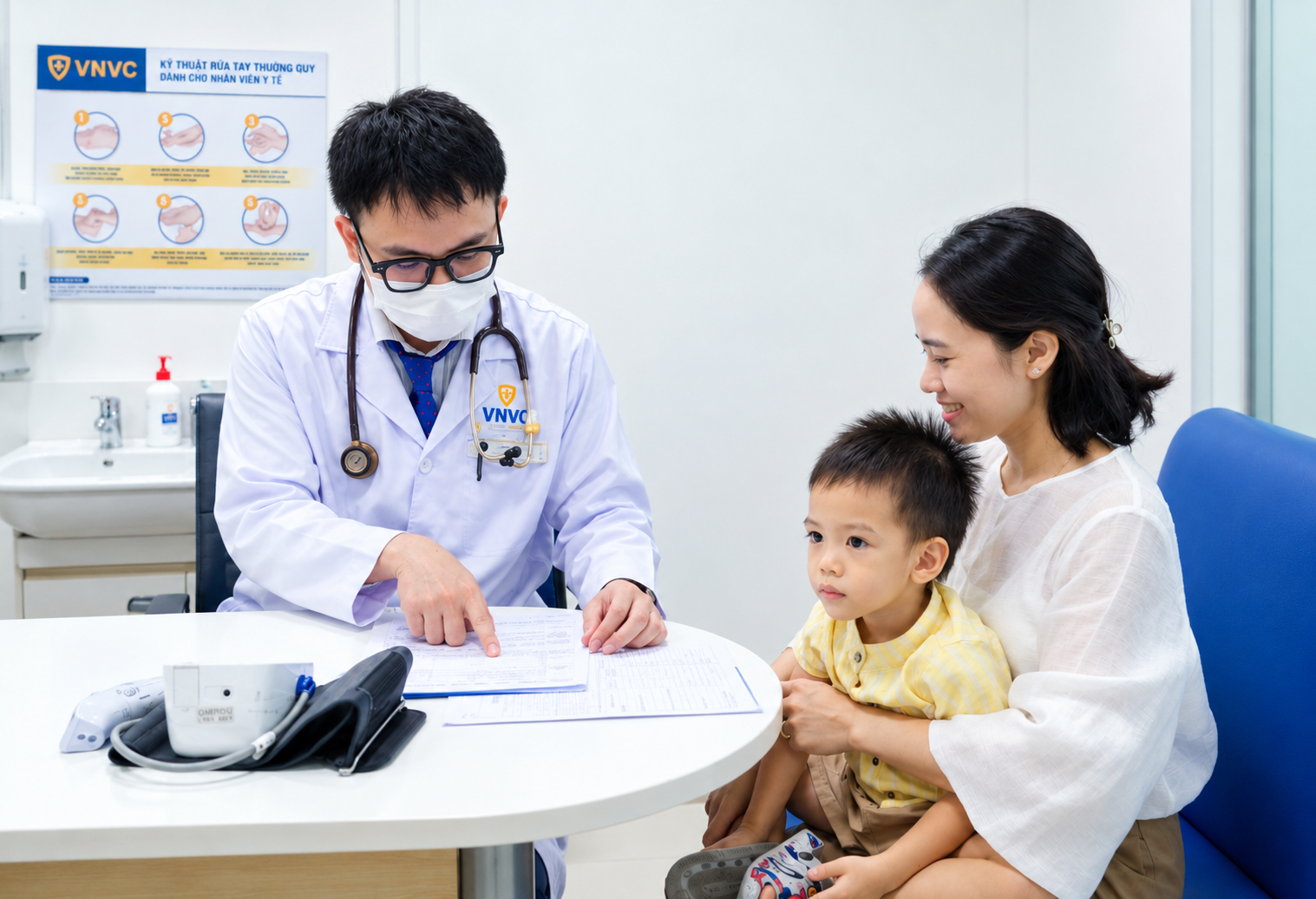 Phụ huynh đưa trẻ đến Hệ thống Tiêm chủng VNVC tiêm vắc xin phòng bệnh và nhờ bác sĩ VNVC rà soát lịch sử tiêm chủng cho con để nộp cho nhà trường. Ảnh: Bình An