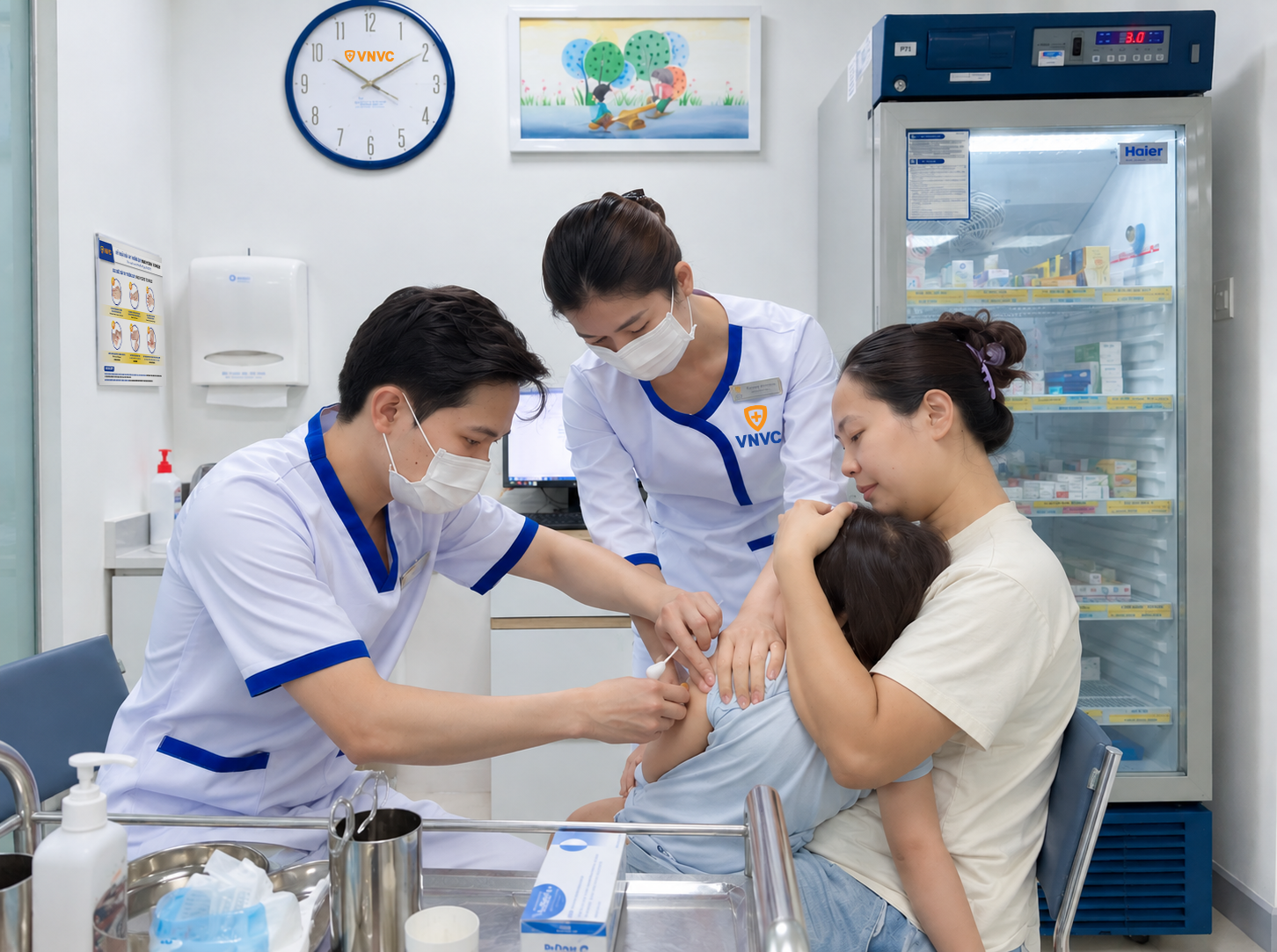 Phụ huynh đưa trẻ đến VNVC Quận 9, TP.HCM tiêm vắc xin cúm và viêm não Nhật Bản trước khi bước vào năm học mới 2026-2027. Ảnh: Diệu Thuần