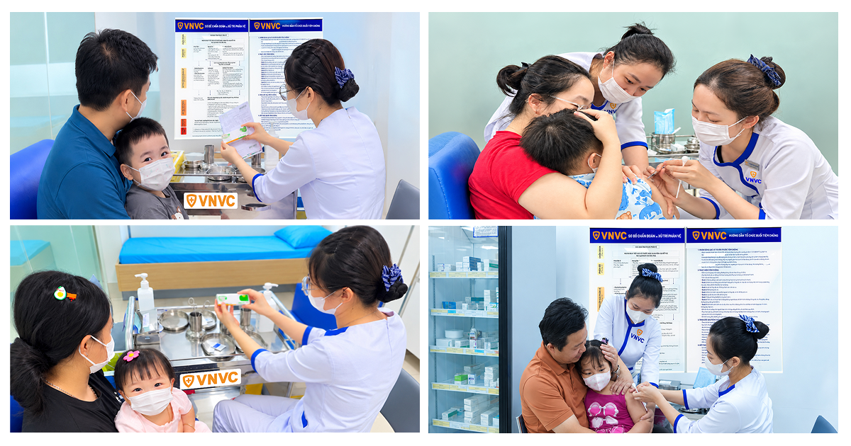 Chị Châu Thơ và con gái (ảnh dưới bên trái) cùng nhiều phụ huynh ở các tỉnh, thành khác đưa con đến VNVC tiêm vắc xin tay chân miệng. Ảnh: Mộc Thảo