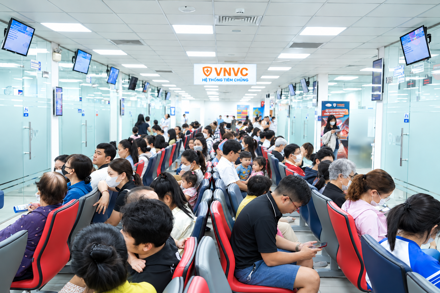 Đông đảo phụ huynh đưa trẻ đến VNVC tiêm vắc xin tay chân miệng và đăng ký đặt giữ các mũi tiếp theo, chủ động bảo vệ con giữa cao điểm mùa bệnh. Ảnh: Mộc Thảo