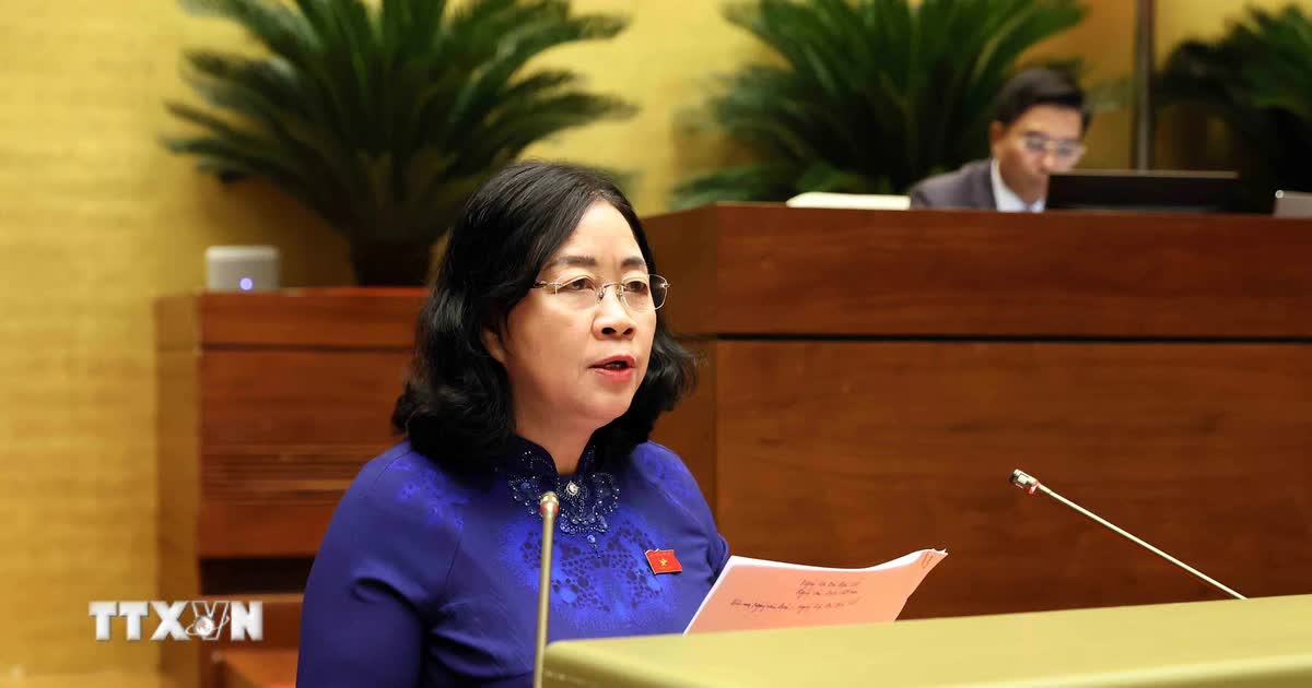 Chủ tịch Ủy ban Trung ương Mặt trận Tổ quốc Việt Nam Bùi Thị Minh Hoài báo cáo trước Quốc hội tổng hợp ý kiến, kiến nghị của cử tri và nhân dân gửi đến Kỳ họp. (Ảnh: TTXVN)