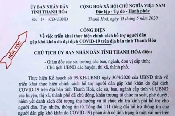 Thanh Hoá ra công văn hỏa tốc yêu cầu xử lý nghiêm trường hợp vận động dân không lấy tiền trợ cấp do dịch Covid-19 thanh hoa ra cong van hoa toc chi dao va xu ly nghiem truong hop van dong dan khong lay tien tro cap do dich covid 19