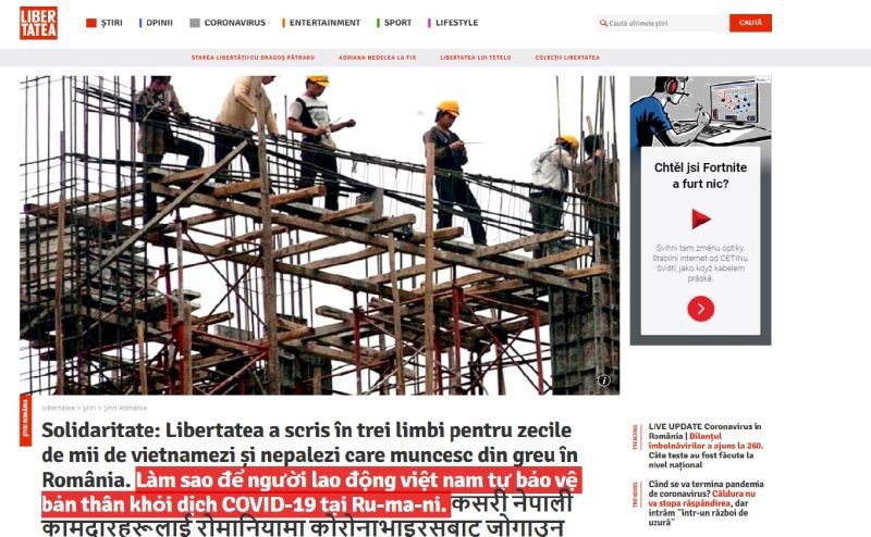 Báo Romania đăng bài bằng Tiếng Việt giúp lao động Việt Nam phòng tránh trước COVID-19 bao romania dang bai bang tieng viet giup lao dong viet nam phong tranh truoc covid 19