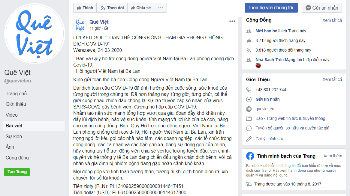 Cộng đồng Người Việt Nam tại Ba Lan kêu gọi thành lập Quỹ ủng hộ chống dịch COVID-19 cong dong nguoi viet nam tai ba lan keu goi thanh lap quy ung ho chong dich covid 19