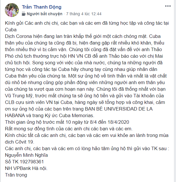 Câu lạc bộ cựu sinh viên Việt Nam tại Cuba quyên góp hơn 700 triệu đồng ủng hộ nước bạn chống COVID-19 cau lac bo cuu sinh vien viet nam tai cuba quyen gop hon 700 trieu dong ung ho nuoc ban chong covid 19
