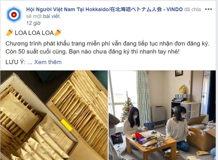 VINDO tài trợ khẩu trang đợt 2 cho người Việt Nam tại Hokkaido chống COVID-19 vindo tai tro khau trang dot 2 cho nguoi viet nam tai hokkaido chong covid 19