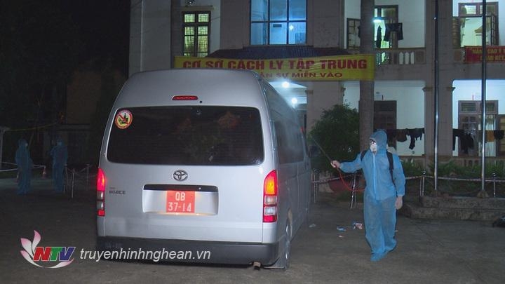 Cán bộ trung tâm y tế huyện Tân Kỳ tiến hành phun thuốc sát khuẩn khi xe chở công dân đến khu cách ly (Ảnh: Truyenhinhnghean) can bo trung tam y te huyen tan ky tien hanh phun thuoc sat khuan khi xe cho cong dan den khu cach ly anh truyenhinhnghean