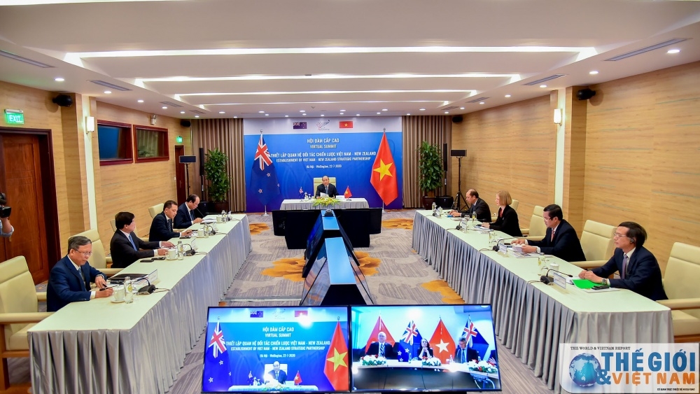 Toàn cảnh Hội đàm cấp cao trực tuyến Việt Nam - New Zealand (Ảnh: Baoquocte) toan canh hoi dam cap cao truc tuyen viet nam new zealand anh baoquocte