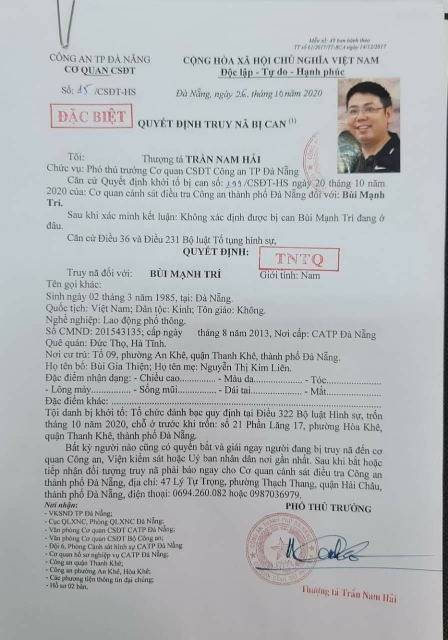 Truy nã đặc biệt đối tượng cầm đầu đường dây cá độ 10.000 tỷ đồng Truy nã đặc biệt đối tượng cầm đầu đường dây cá độ 10.000 tỷ đồng