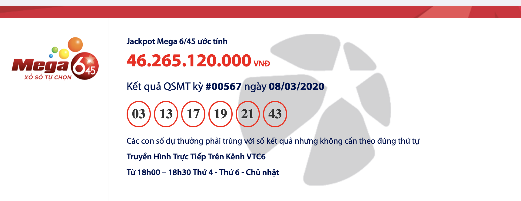 Kết quả xổ số Vietlott Mega 6/45 tối ngày 8/3/2020: Hơn 42 tỉ đồng vẫn chưa có chủ ket qua xo so vietlott mega 645 toi ngay 832020 hon 42 ti dong van thuoc ve ai