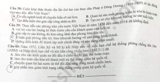Đề thi môn Lịch Sử kỳ thi tốt nghiệp THPT 2020 đầy đủ mã đề mới nhất de thi mon lich su ky thi tot nghiep thpt 2020 day du ma de moi nhat