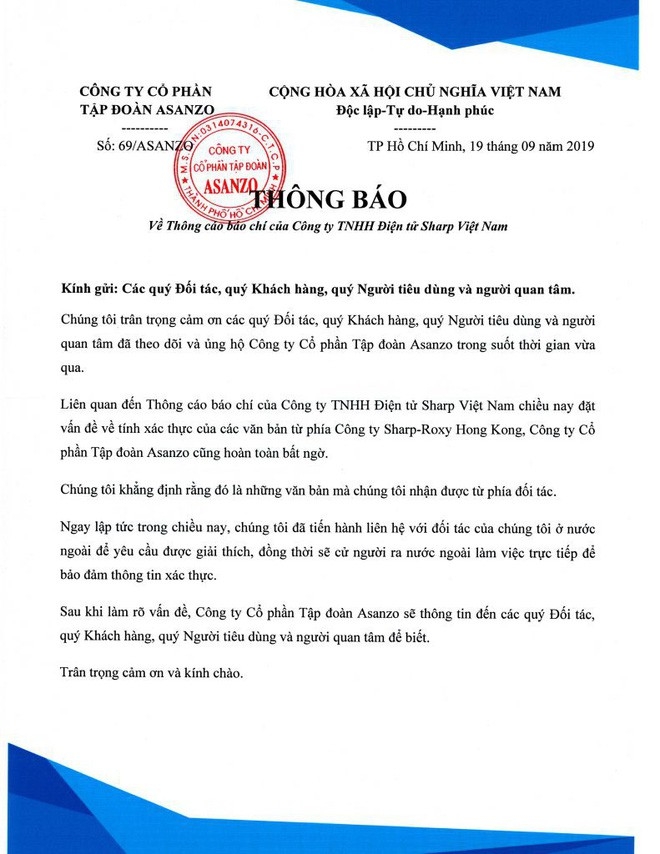 Bị Sharp "doạ" kiện, Asanzo lập tức phản hồi tap doan sharp thong bao kien asanzo vi gia mao bang chung