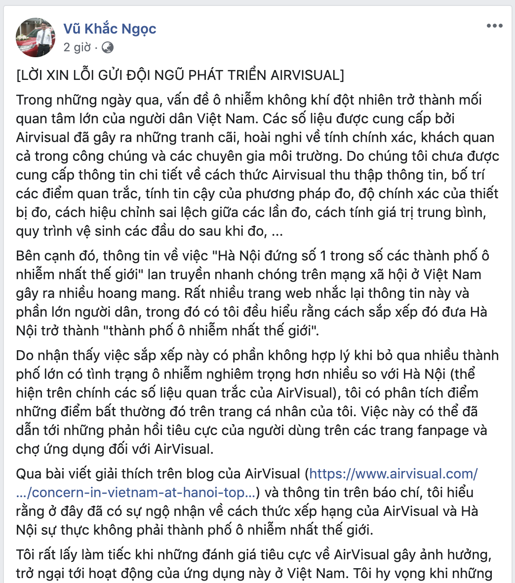 ong vu khac ngoc xin loi vi ngo nhan ve cach thuc xep hang cua airvisual