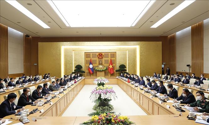 Thủ tướng Phạm Minh Chính hội đàm với Thủ tướng Lào Phankham Viphavanh Chú thích ảnh