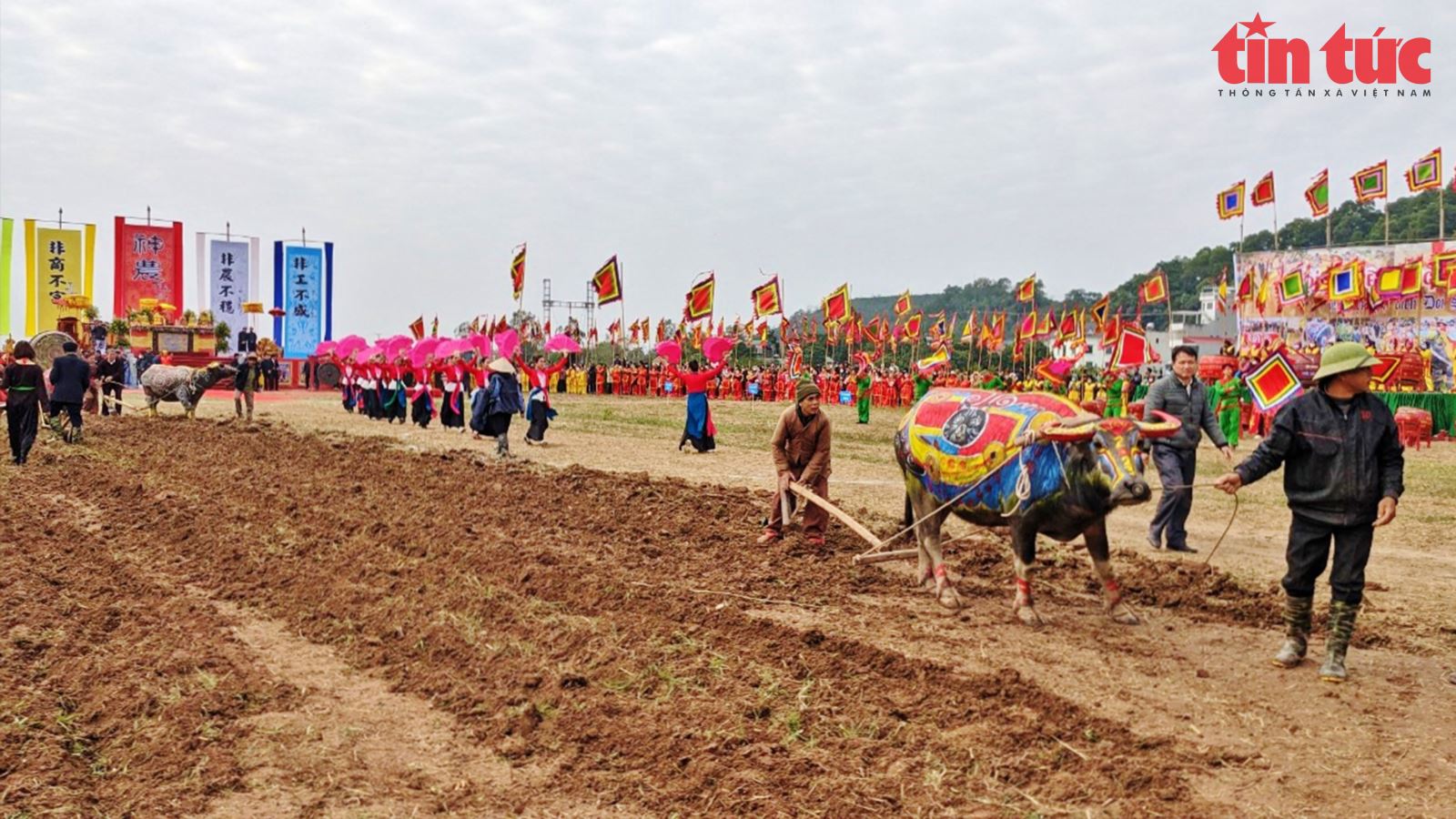 Tái hiện nghi lễ vua Lê Đại Hành cày Tịch điền tại Lễ hội Tịch điền Đọi Sơn 2023 Chú thích ảnh