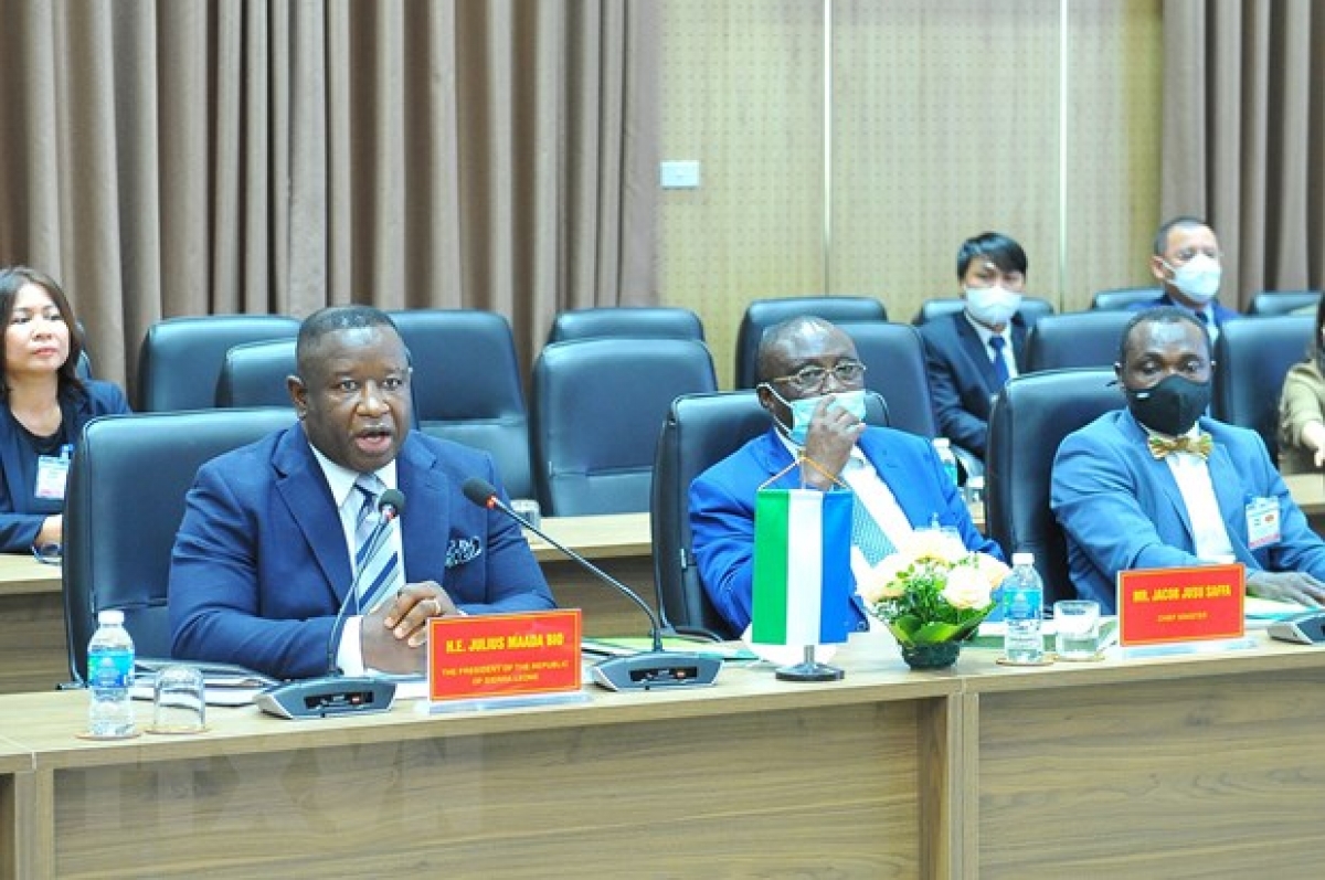 Toàn cảnh chuyến thăm chính thức Việt Nam của Tổng thống Sierra Leone và phu nhân Chiều 16/3, tại Hà Nội, Tổng thống nước Cộng hòa Sierra Leone Julius Maada Bio cùng Đoàn đại biểu cấp cao nước Cộng hòa Sierra Leone đã đến thăm Viện Khoa học Nông nghiệp Việt Nam (VAAS). Ảnh: Minh Đức/TTXVN.