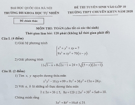 Đề thi môn toán tuyển sinh lớp 10: Thi vào lớp 10 chuyên Khoa học tự nhiên
