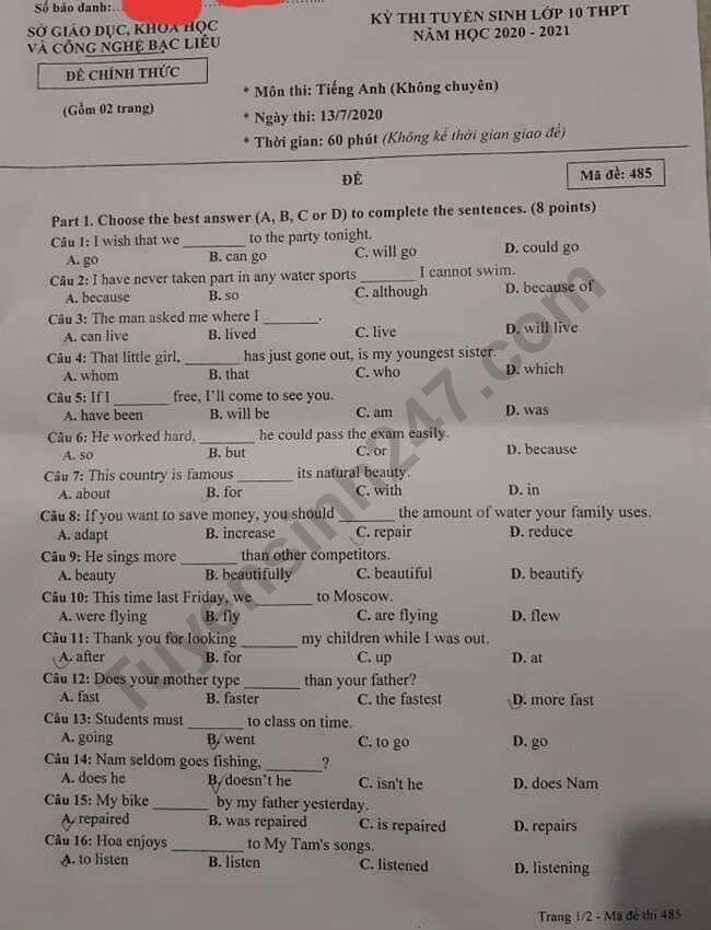 2409 de thi vao lop 10 mon anh bac lieu anh1
