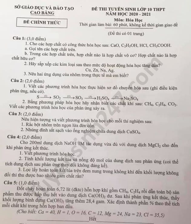undefined 4642 de thi mon hoa tuyen sinh lop 10 vao thpt tinh cao bang nam 2020