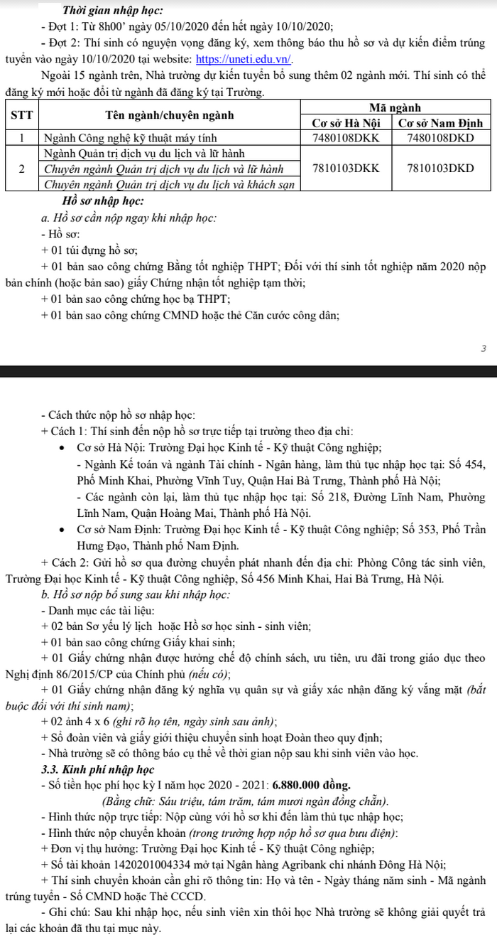 Thủ tục nhập học Đại học Kinh tế Kỹ thuật Công nghiệp năm 2020 Thủ tục nhập học Đại học Kinh tế Kỹ thuật Công nghiệp năm 2020