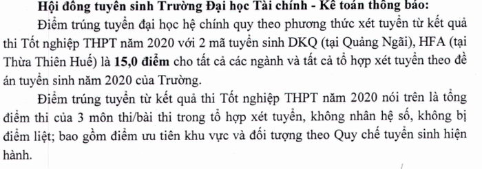 Điểm chuẩn Đại học Tài chính Kế toán chính thức năm 2020 Điểm chuẩn Đại học Tài chính Kế toán chính thức năm 2020