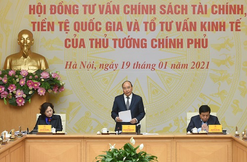 Điều hành đưa đất nước tiến bước, thực hiện mục tiêu Đại hội XIII đề ra Thủ tướng Nguyễn Xuân Phúc làm việc với Hội đồng Tư vấn chính sách tài chính, tiền tệ quốc gia và Tổ tư vấn kinh tế