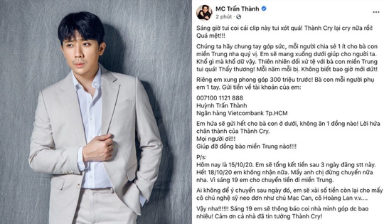 Bị 'tố' chưa chuyển tiền ủng hộ miên Trung cho Thủy Tiên, Trấn Thành lên tiếng thanh minh Bị 'tố' chưa chuyển tiền ủng hộ miên Trung cho Thủy Tiên, Trấn Thành lên tiếng thanh minh