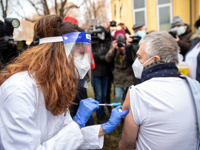 A person receives Pfizer's coronavirus vaccine at the Amedeo di Savoia Hospital, in Turin, Italy, on Dec. 27, 2020. Nations across Europe began their COVID-19 vaccination effort on Sunday. NurPhoto/NurPhoto via Getty Images 2012 gettyimages 1230314841 059e2cdaae1acaed2ce12bcec6ef5204d7ce3de2 s800 c85