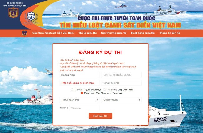 Thí sinh tham gia dự thi thông qua truy cập website https://thitimhieuluatcanhsatbienvietnam.vn