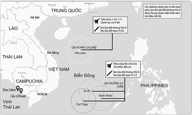 Sơ đồ về việc Trung Quốc triển khai vũ khí ở các đảo, bãi đá trên Biển Đông ĐỒ HỌA: AMTI - HOÀNG ĐÌNH 0653 trung quoc
