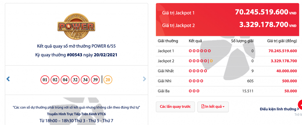 Kết quả Vietlott Power 6/55 tối 20/2: Giải thưởng đã lên hơn 67 tỷ đồng Kết quả Vietlott Power 6/55 tối 20/2: Giải thưởng đã lên hơn 67 tỷ đồng