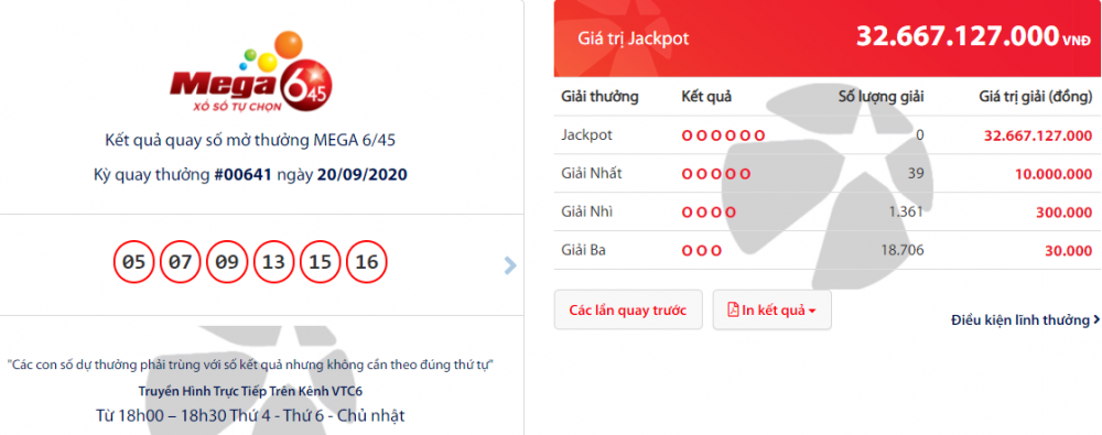 ket qua xo so vietlott mega 645 toi 2092020 hon 31 ty dong dang tim chu nhan
