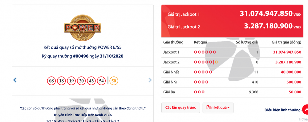 Kết quả xổ số Vietlott Power 6/55 tối 31/10: Ai sẽ là chủ nhân giải thưởng trị giá 12 tỷ đồng? Kết quả xổ số Vietlott Power 6/55 tối 31/10: Ai sẽ là chủ nhân giải thưởng trị giá 12 tỷ đồng?