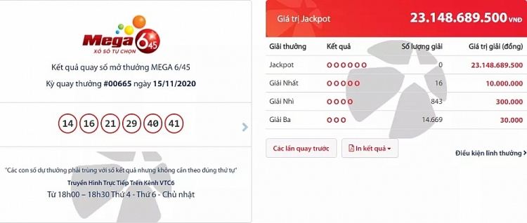 undefined Kết quả xổ số Vietlott Mega 6/45 tối 15/11: Chủ nhân giải thưởng trị giá hơn 21 tỷ đồng là ai?